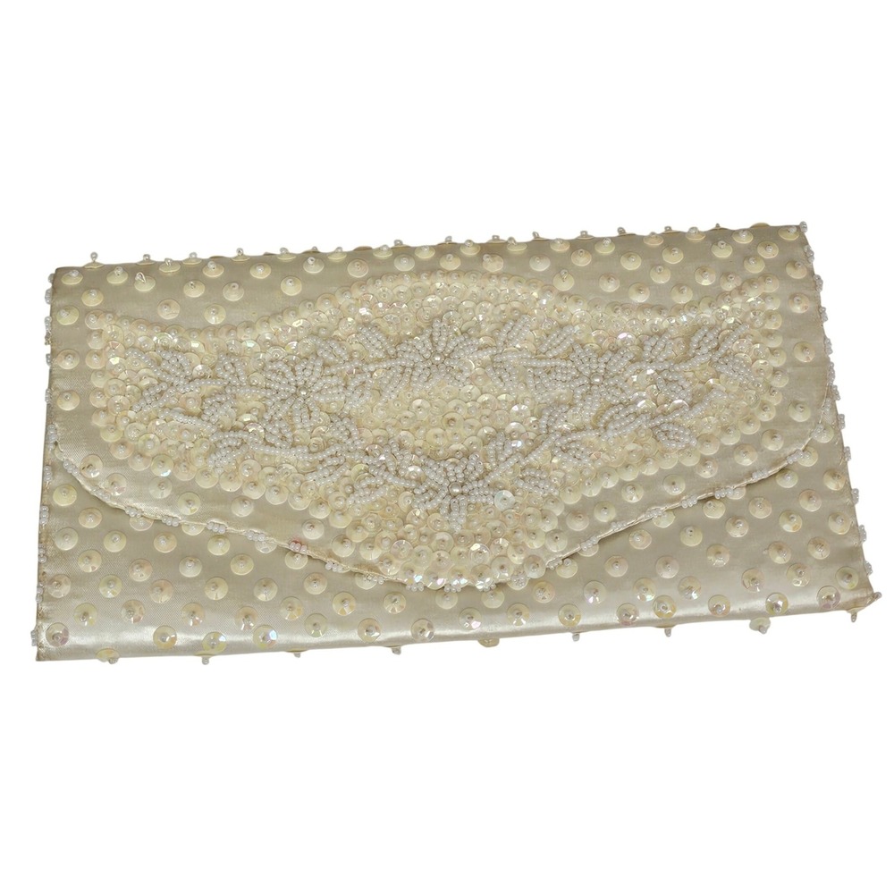 Vintage Ivory Beaded Satin Clutch‎ Purse Handmade Hong Kong Bridal Evening Bag